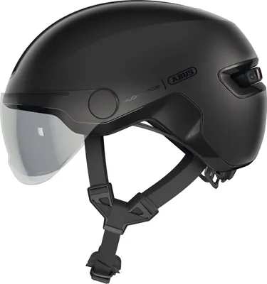 Produktbild von ABUS Stadthelm HUD-Y ACE - stylischer Fahrradhelm mit Visier und magnetischem, aufladbarem LED-Rücklicht - für Damen und Herren - Schwarz, Größe M (54-58 cm)