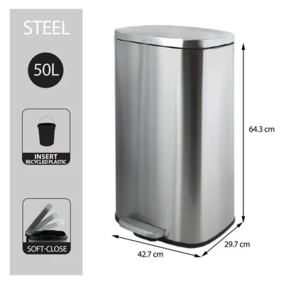 A silver stainless steel trash can with dimensions indicated.