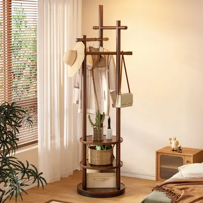 Produktbild von Garderobenständer Drehbarer Kleiderständer Massivholz mit 3 Ablageflächen und 6 Haken, 171*40CM freistehender Stabiler Wohnbereich, Flur, Schlafzimmer