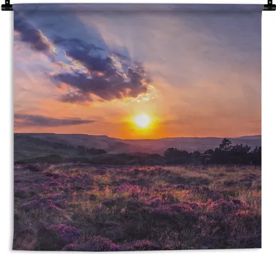 Produktbild von MuchoWow® Wandteppich Wandbehang Sonnenuntergang in der Heidelandschaft 90x90 cm Tapisserie Dekoration Wandtuch - Wandaufhänger