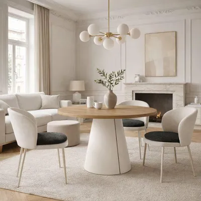 Image de Table ronde à rallonge pour salle à manger, CORTIC BIS, style loft, scandinave, diamètre : 120/196 cm, couleur : chêne Craft Golden/cachemire