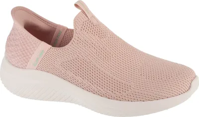 A side view of a pink Skechers slip-on sneaker.