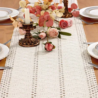 Productafbeelding van Macramé tafelkleed, wit, katoen, 30x180 cm / 30x240 cm, bohemien, landelijke stijl