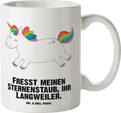 Produktbild von Mr. & Mrs. Panda steingut tasse Einhorn Happy - Weiß - Geschenk, Große Teetasse, glücklich, Deko, Lebensfreude, Haferl, Unicorn, Teepott, Einhörner, weisse, Lachen, Pott