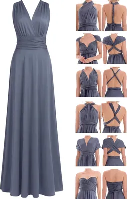 Produktbild von Langes Brautjungfernkleid in Blau-Grau, Wickelkleid mit Bandeau-Top, erhältlich in großen Größen 46-50