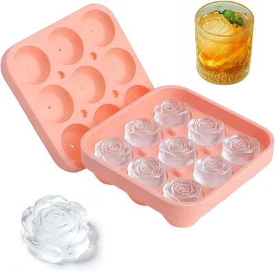 Immagine prodotto di Stampo in silicone per cubetti di ghiaccio a forma di rosa - Stampo per cubetti di ghiaccio - Silicone - 9 cavità - Contenitore in silicone per cubetti di ghiaccio con coperchio - Stampo in silicone riutilizzabile