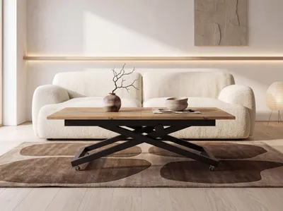 Produktbild von Couchtisch Höhenverstellbar Ausziehbar – Wohnzimmertisch & Esstisch mit Rollen, Schwarzem X-Gestell – 120 x 80 cm bis 160 x 80 cm – Eiche Braun