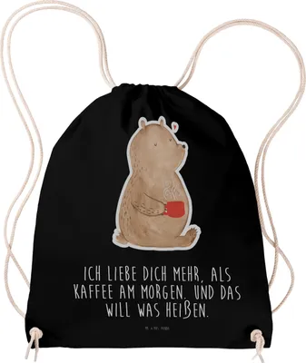 Produktbild von Mr. & Mrs. Panda Stoffbeutel Bär Morgenkaffee - Schwarz - Geschenk, wander rucksack, Mitbringsel, Rucksackbeutel, Freundin, Valentinstag, Turnbeutel, Hochzeitstag, für
