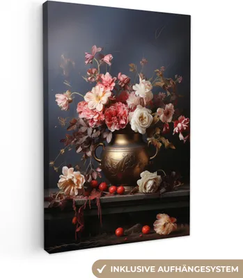 Produktbild von MuchoWow® - Leinwandbilder - Stilleben - Blumen - Rosen - Blumenstrauß - Vase, Wandbild, Wanddeko Bilder Wohnzimmer, 80x120 cm