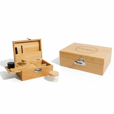 A wooden storage box with a combination lock and accessories, and a separate closed box with the same design.