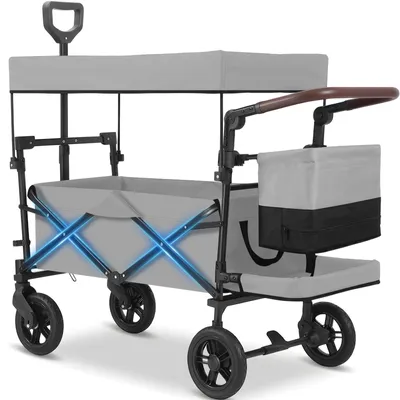 Obrázok produktu pre Skladací ručný vozík – detský kočiarik s strechou pre 2 deti – nosnosť 100 kg – objem 150 l – rukoväť na tlačenie – tlmiacePolyuretánkolesá s brzdami – sivá farba