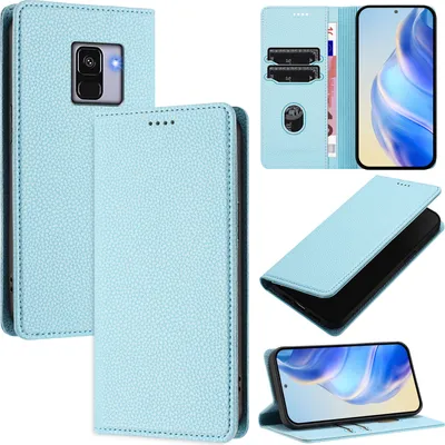 Produktbild von Litchi Leder Handyhülle für Samsung Galaxy A8 2018 Wallet Kartenfächer Standfunktion Hülle Hellblau