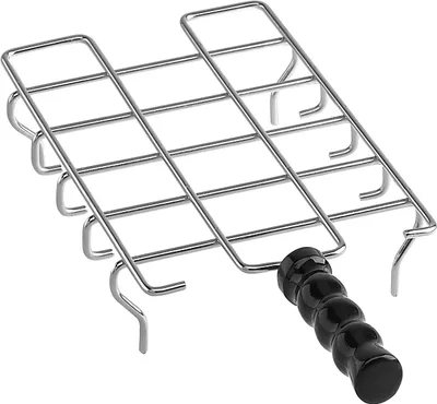 A chrome wire rack with a black handle, designed for toasting bread.