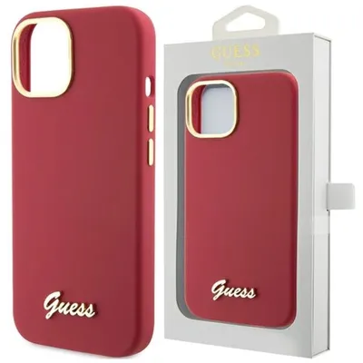 Produktbild von Guess GUHCP15SSMBSLM iPhone 15 / 14 / 13 6,1 Zoll Magenta Hartschalen-Silikonhülle mit Metalllogo und Rahmen