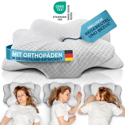 A collage showing an orthopedic pillow and three different sleeping positions.