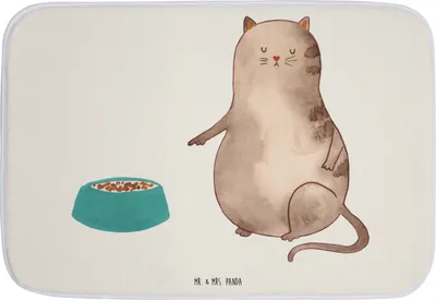 Produktbild von Mr. & Mrs. Panda Badteppich Katze Fressen - Weiß - Geschenk, duschmatte, Duschvorleger, Badematte, Badezimmerteppich, Badvorleger