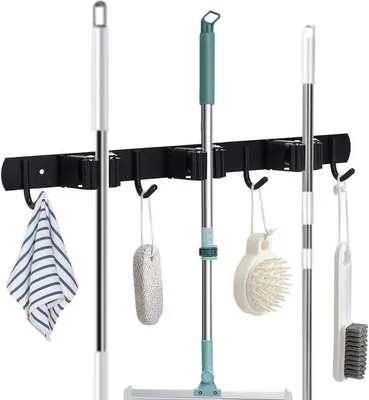 Produktbild von Halter für Mopp und Besen zur Wandmontage - Edelstahl mit Haken