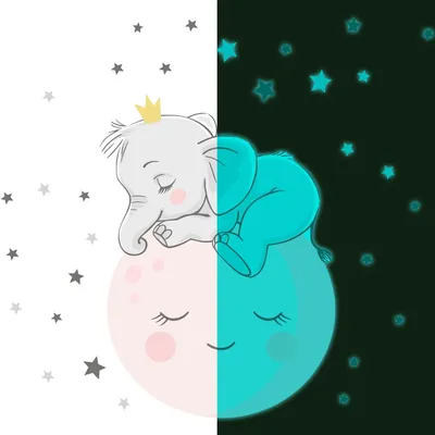 Produktbild von Leuchtsticker – Babyelefant auf dem Mond und 30 Sterne – Wand-/Deckensticker für Kinderzimmer – 165 x 120 cm