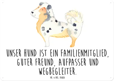 Produktbild von Mr. & Mrs. Panda Blechschild Hund Australien Shepherd DIN A6 - Weiß - Geschenk, Sprüche, tafel, Familienhund, Magnetschild, Schild, Familie, Türschild, Spruch, Wandbild