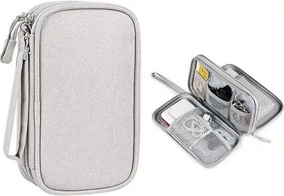 A closed and an open view of a gray electronic accessories organizer bag.