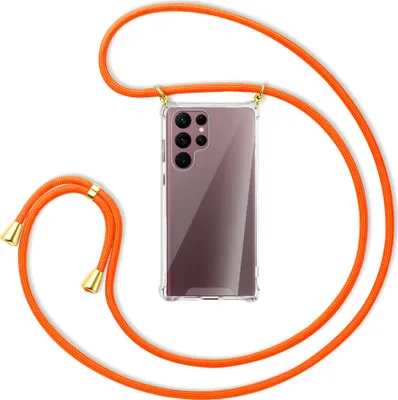 Produktbild von Handykette Backcover-Schutzhülle mit Band (Metall goldfarben) für Samsung Galaxy S22 Ultra 5G (S908) - neonorange