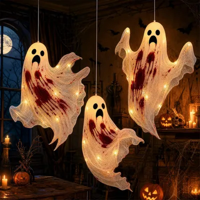 3 Halloween-Geister Windspiele mit LED, 50x60 cm, Polyester