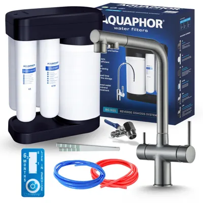 Obrázek produktu pro Baterie do kuchyně Ari 3-cestná, model Venom, barva grafit, výsuvná sprchová hlavice. Součástí balení je systém filtrace vody Aquaphor a pod umyvadlová instalace
