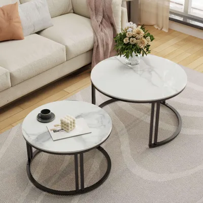 Produktbild von Couchtisch - Beistelltisch - Wohnzimmertisch - Couchtisch - Stapelbare Tische - Set aus 2 - Weiß, Marmoroptik