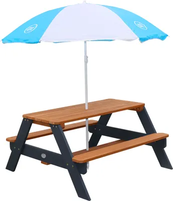 Produktbild von AXI Nick Kinder Picknicktisch aus Holz | Kindertisch in Grau & Braun mit Sonnenschirm für den Garten
