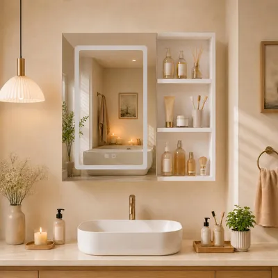 Produktbild von REMZETTA LED Spiegelschrank fürs Bad, 60.2 x 60.2 x 15.2 cm, mit 1 Spiegeltür, seitlichem Regal, 3 Lichtfarben und Antibeschlagfunktion, Badezimmerschrank