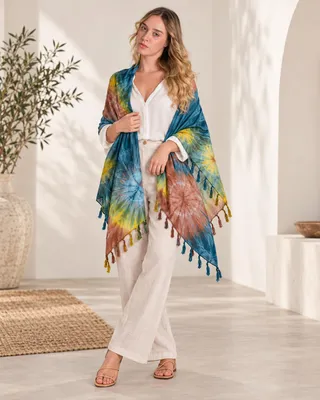 Produktbild von Boho Damen Pareo Tie Dye Multicolor – Viskose Strandtuch XXL mit Fransen & Batik Muster