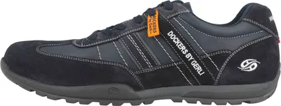 A side view of a single blue sneaker.