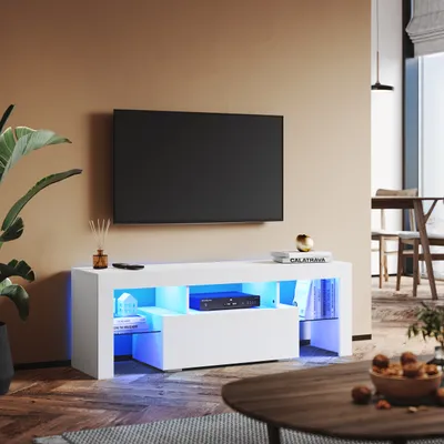Produktbild von SONNI TV-Schrank Weiß Hochglanz 130 x 39 x 30cm Ausgestattet mit RGB-Lichtleiste und Aufbewahrungsschrank