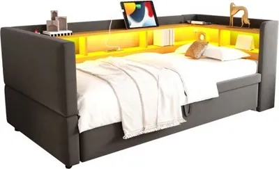 Produktbild von Polsterbett 90/180x190cm ohne Matratze Dunkelgrau Ausziehbares Schlafsofa ausgestattet LED Leuchten Steckdosen vielen Ablagefaechern Einzelbett
