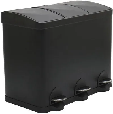 Productafbeelding van Unyqoos® Afvalscheidingssysteem met drie compartimenten, 45 liter (3 x 15 liter) – matzwart, stalen behuizing, individuele pedalen en een zachte sluiting van het kunststof deksel, geschikt voor de keuken
