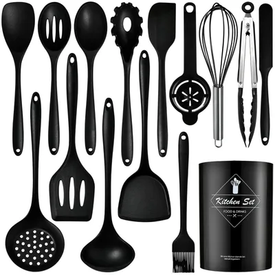 Image de Omgoods - Ensemble d'ustensiles de cuisine en silicone, 15 pièces, avec manches en acier inoxydable - Résistant à la chaleur et antiadhésif - Noir