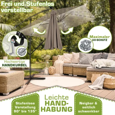 Produktbild von tillvex® Alu Sonnenschirm Rechteckig Ø 330 cm mit LED Solar Cappuccino + Abdeckung mit Kurbel | Ampelschirm mit Ständer & Windschutz | Gartenschirm UV-Schutz, wasserdicht, 360° drehbar | Kurbelschirm Marktschirm