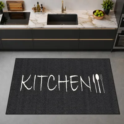 Immagine prodotto di Tappetino da cucina con scritta, facile da pulire e resistente. Colore: nero. Dimensioni: 80 x 250 cm