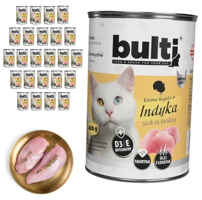 Obrázok produktu pre BULTI | Krmivo pre mačky s morčacím mäsom – súprava mokrého krmiva pre mačky, 4 konzervy po 400 g – krmivo pre mačky s morčacím mäsom