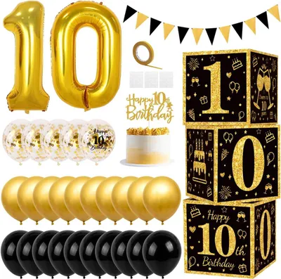 Produktbild von Geburtstagsdeko Set schwarz und gold, 26-teilig, für 10. Geburtstag