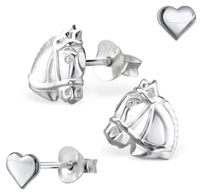 Produktbild von 2 Paar Pferd & Herz Ohrstecker Silber 925 Kinder Ohrringe