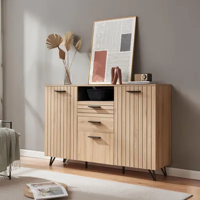 Image de Buffet 'Noppen' avec 3 portes et 2 tiroirs 100 x 150 x 38 cm imitation chêne