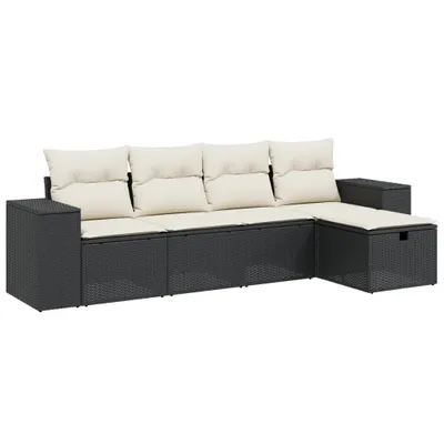 Produktbild von Modulares Gartenmöbel-Set, 5-teilig, für Außenbereich, PE-Rattan Schwarz, pulverbeschichteter Stahl, UV-beständig, Kissen Cremeweiß