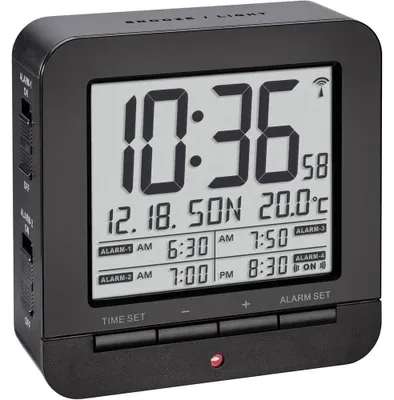 Funkwecker, 4 Weckzeiten, Temperatur, Snooze, schwarz, 92x32x91 mm