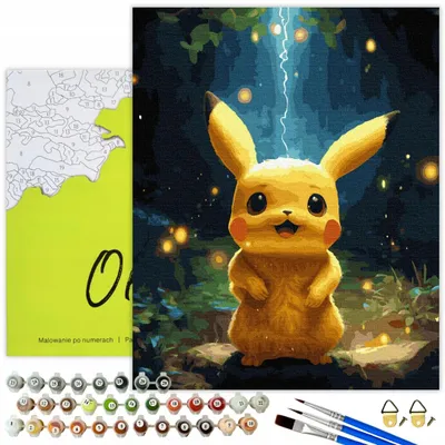Produktbild von Oh Art! Malen nach Zahlen Pokemon – Pikachu mit Blitz 50x40 cm mit Rahmen, 33 Farben inkl. Pinsel & Acrylfarben, Komplettset für Kinder & Erwachsene