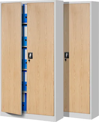 Two metal cabinets with wood-look doors, one with its left door open revealing blue folders inside.