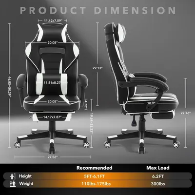 Immagine prodotto di Sedia da gaming - Sedia da ufficio ergonomica - Regolabile in altezza - Poggiapiedi estraibile - Supporto lombare - Poggiatesta - Rotazione a 360° - Colore: nero e bianco