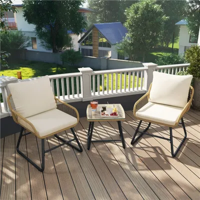 Produktbild von Yaheetech 3er Gartenmöbel Set aus Poly-Rattan mit 1 Bistrotisch 2 Stühlen & 4 Kissen, Hellbraun/Cremeweiß