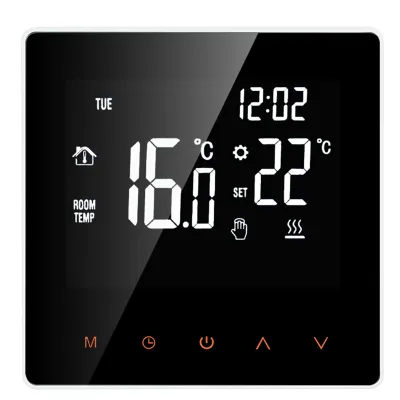 A digital thermostat display showing the time, day, room temperature, and set temperature.