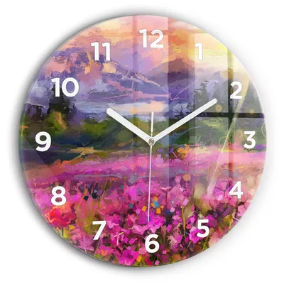 Produktbild von Wallfluent Wanduhr – Stilles Quarzuhrwerk - Uhr Dekoration Wohnzimmer Schlafzimmer Küche - Zifferblatt - weiße Zeiger - 30 cm - Wiese im Sonnenuntergang